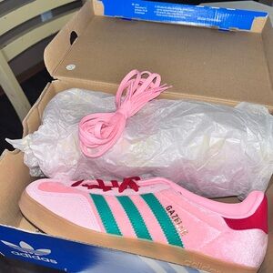 Adidas Gazelle Pink and Red with Green Stripes